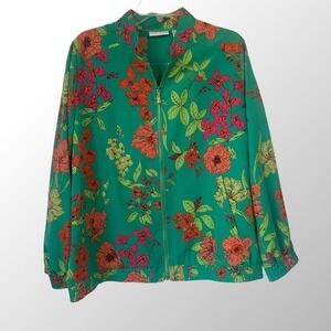 Susan Graver Jacket 1X Plus Tropical Floral‎ Print Bomber Full Zip Green